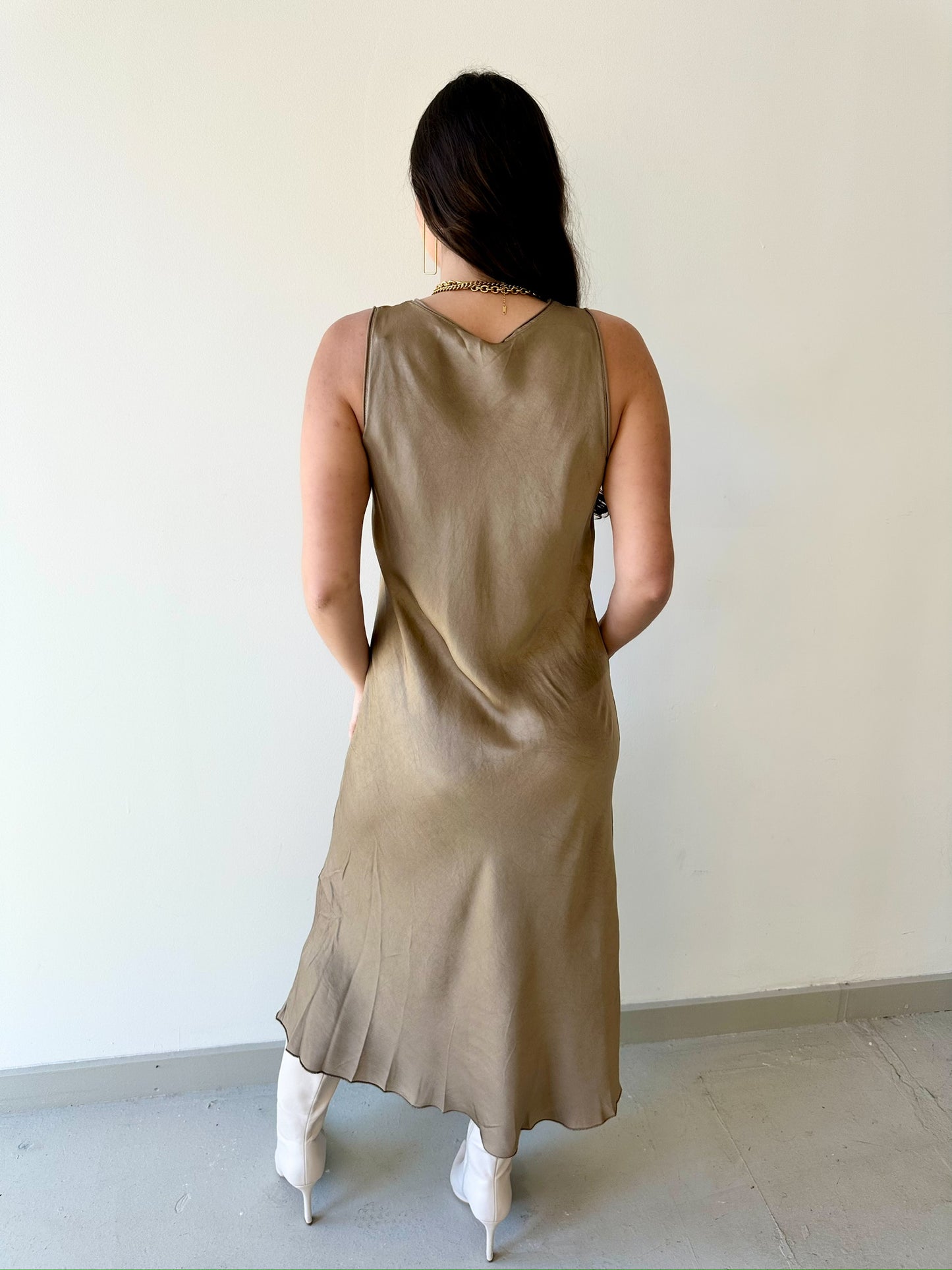 Silk V Neck Cut Maxi Dress - Camel