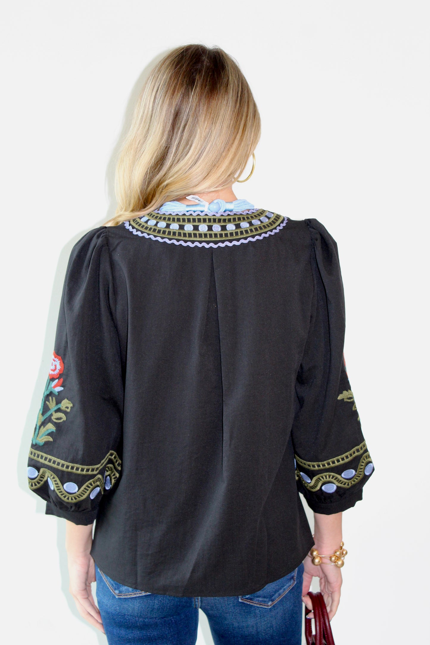 Frankie Embroidered Detail Top - Black
