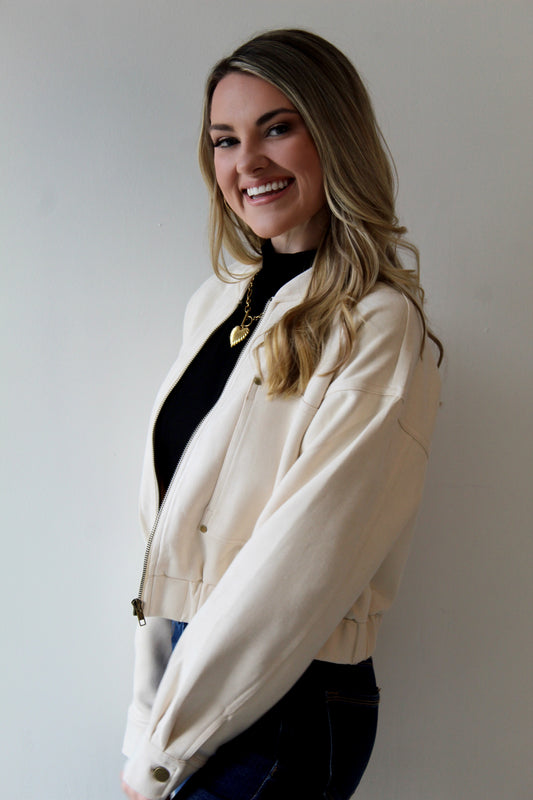 Ivory Suede Bomber Jacket