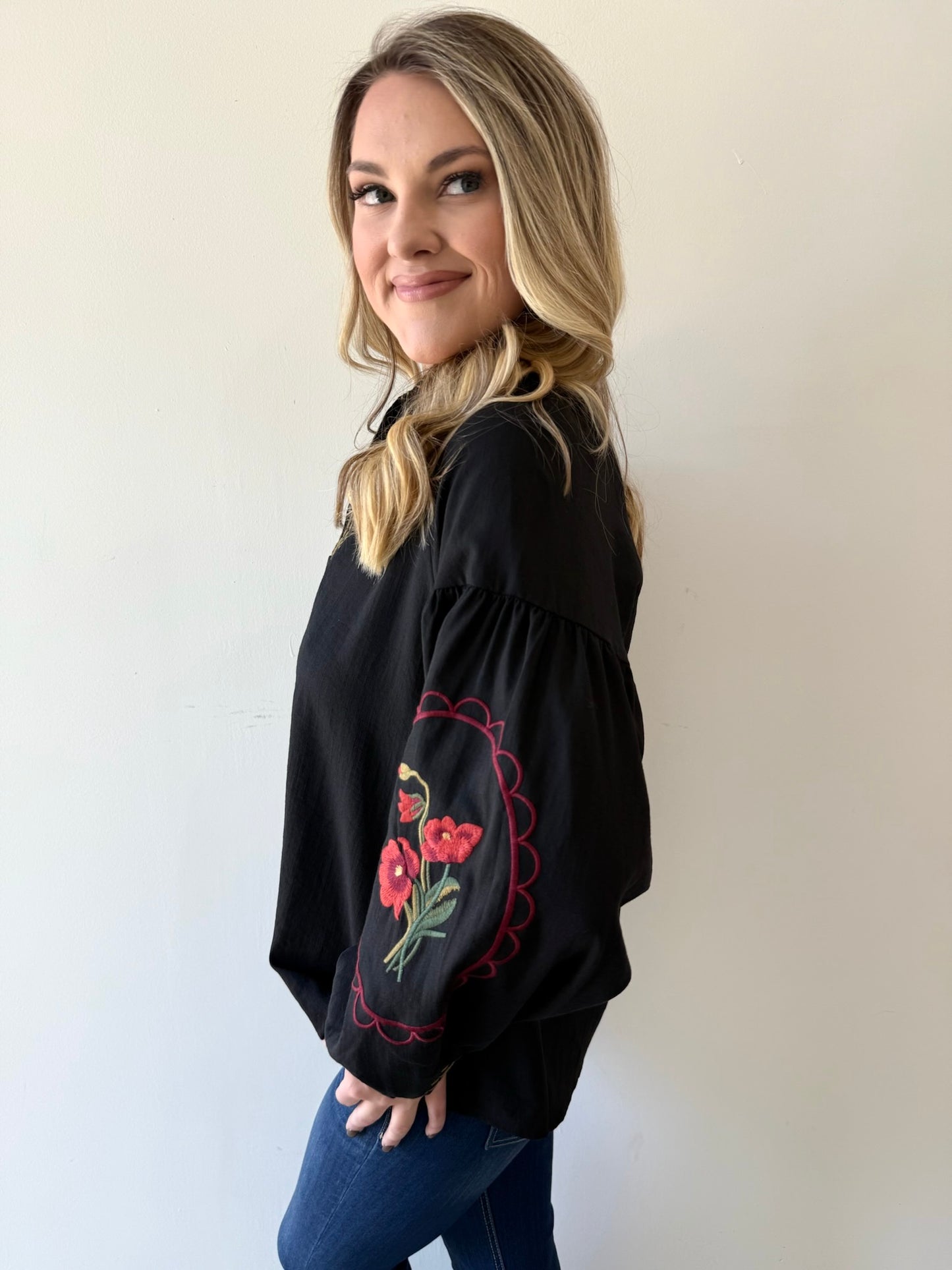 Embroidered Raglan Long Sleeve Top - Black