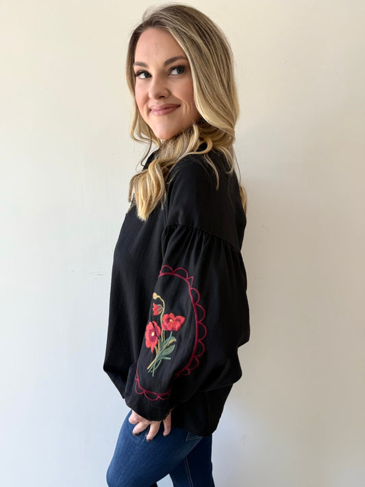 Embroidered Raglan Long Sleeve Top - Black