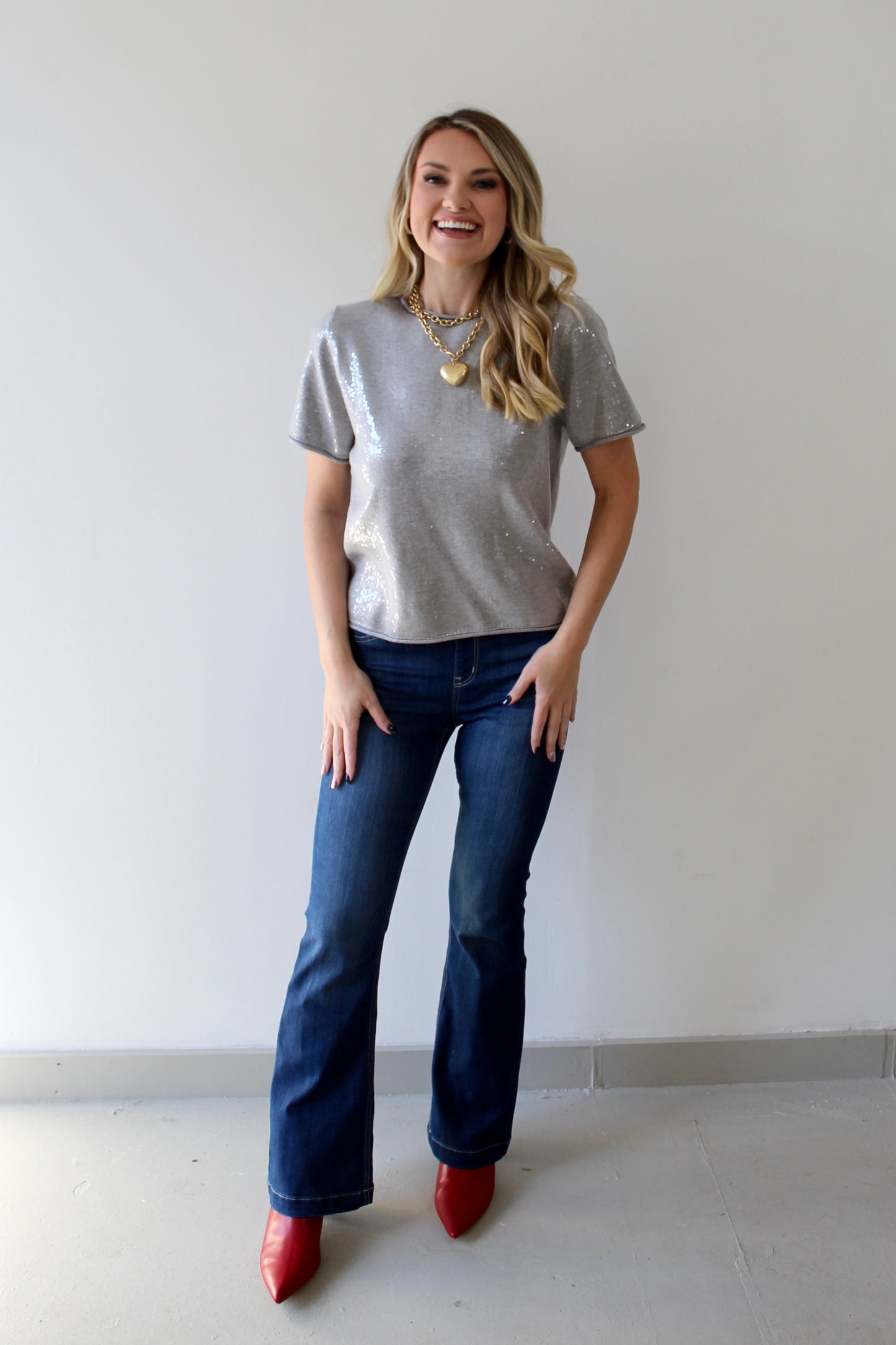 Tiny Sequins Knit Top -Heather Grey