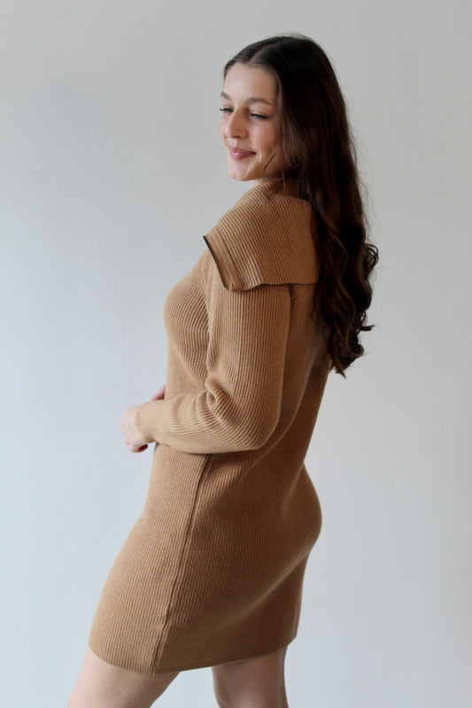 Zip-up Neck Midi Sweater Dress- Camel