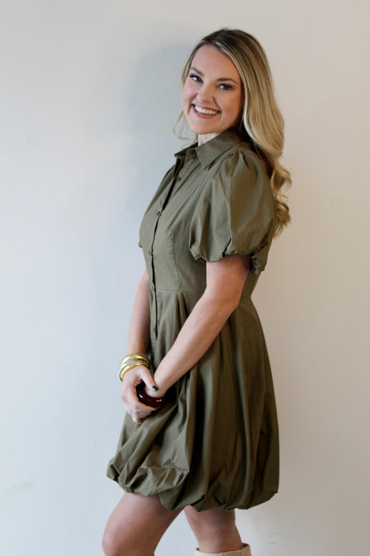 Bubble Hem Mini Shirt Dress - Olive