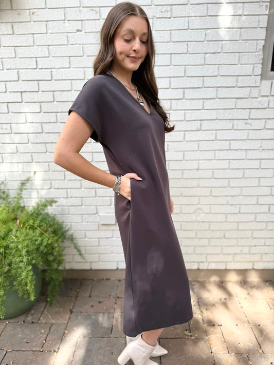 Draped V Neck Midi Dress