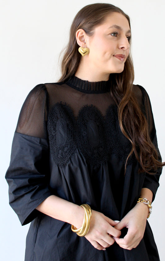 Crochet Lace Babydoll Dress - Black