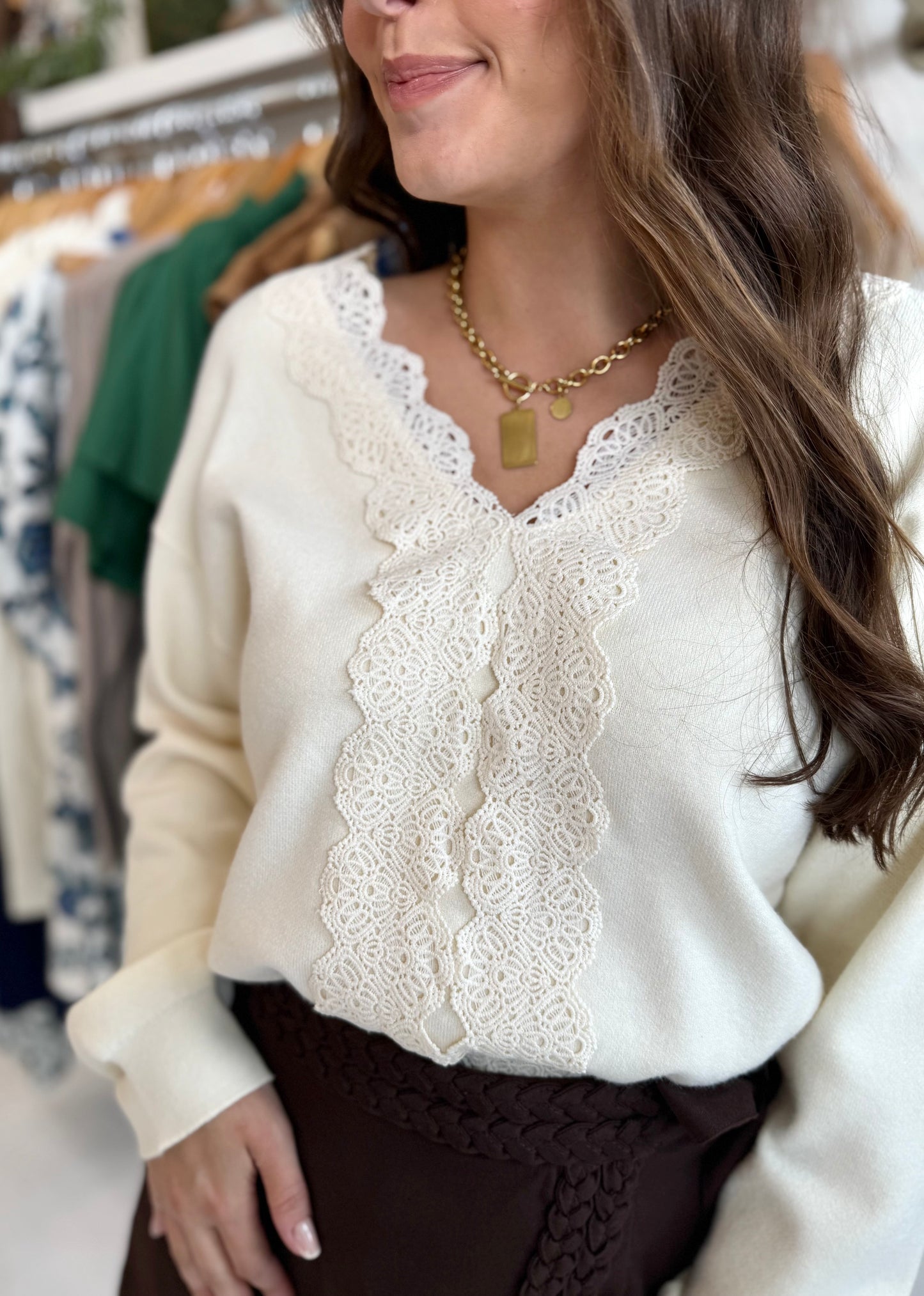 Lace Cream Trim Sweater