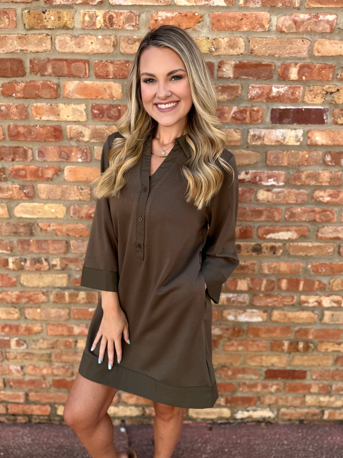Olive Mix Match Collared Shift Dress