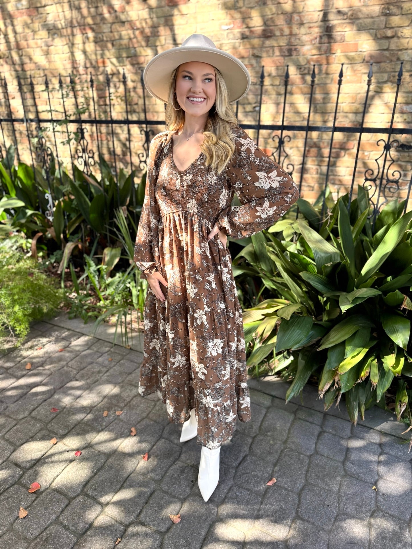 Mocha Mousse Smocked Floral Midi