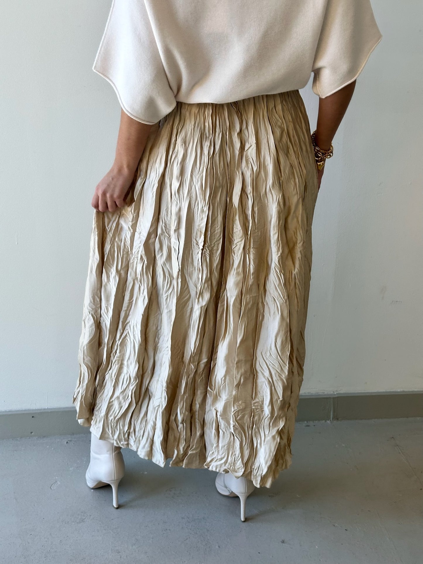 Crinkle Beige Midi Skirt