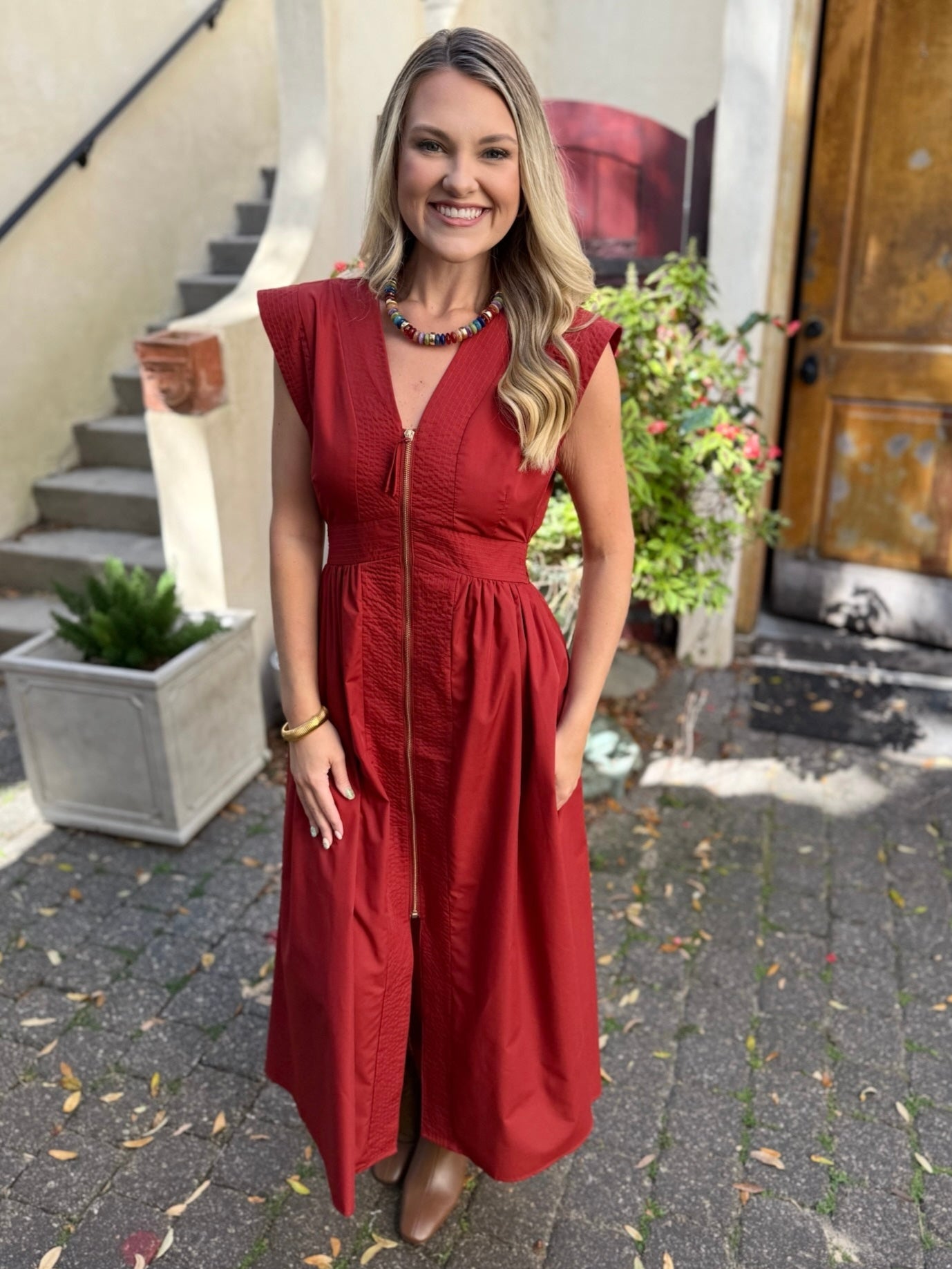 Victoria Cinched Waist Midi Dress- Brick