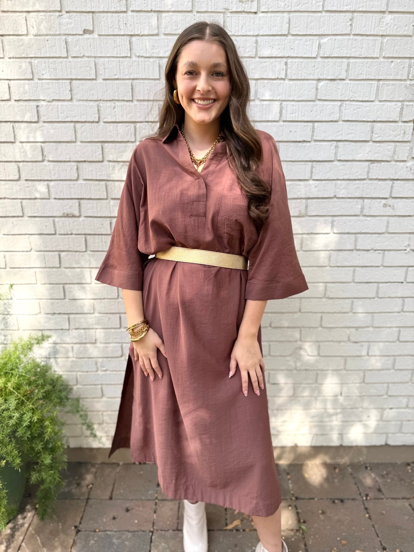 Collared Comfy Midi Dress - Brown