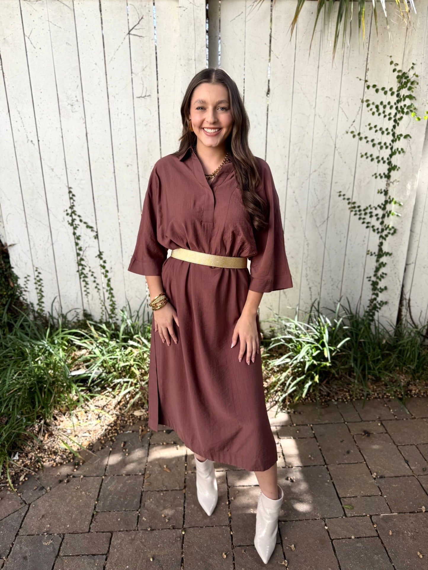 Collared Comfy Midi Dress - Brown