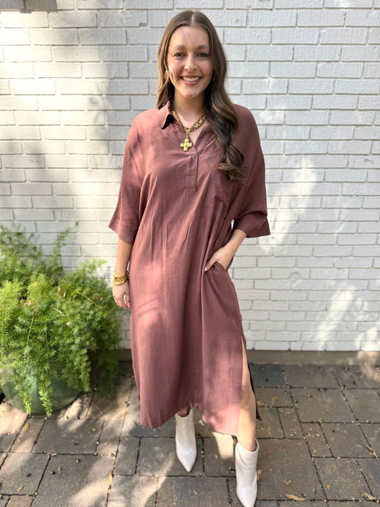 Collared Comfy Midi Dress - Brown