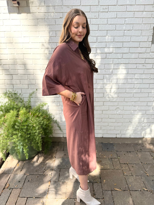 Collared Comfy Midi Dress - Brown