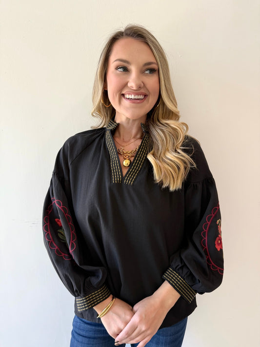 Embroidered Raglan Long Sleeve Top - Black