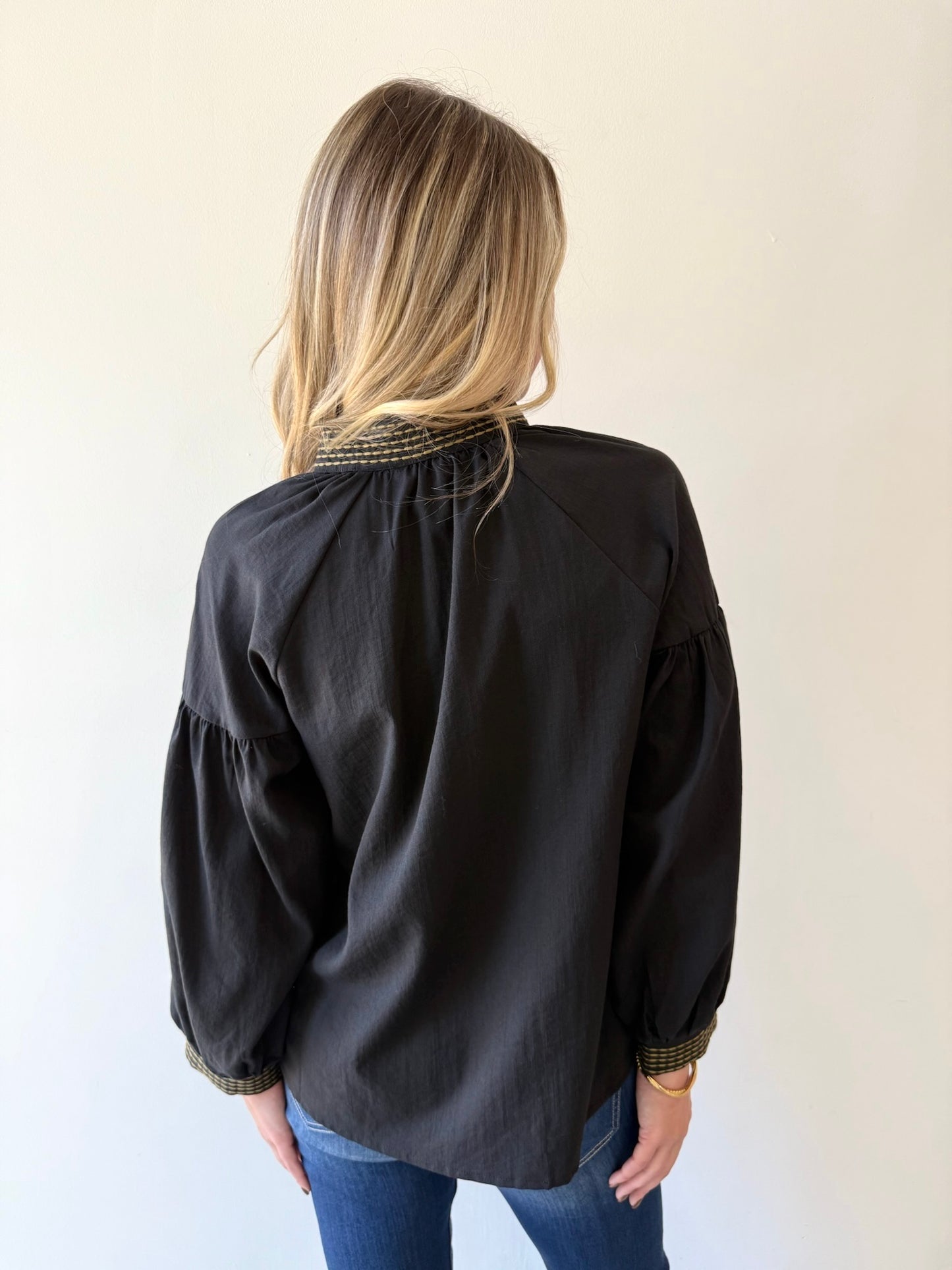 Embroidered Raglan Long Sleeve Top - Black
