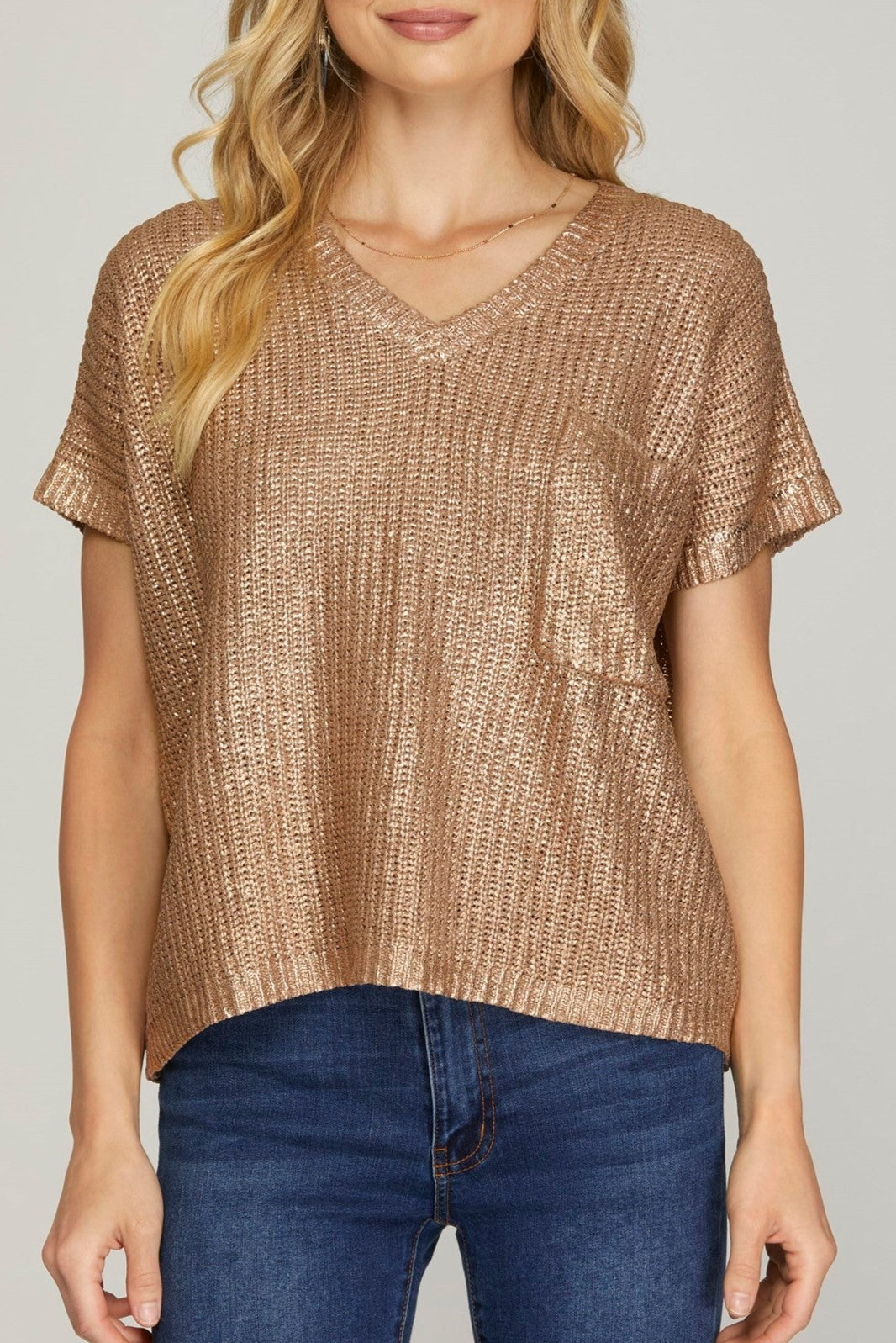 V Neck Metallic Sweater - Mocha Gold