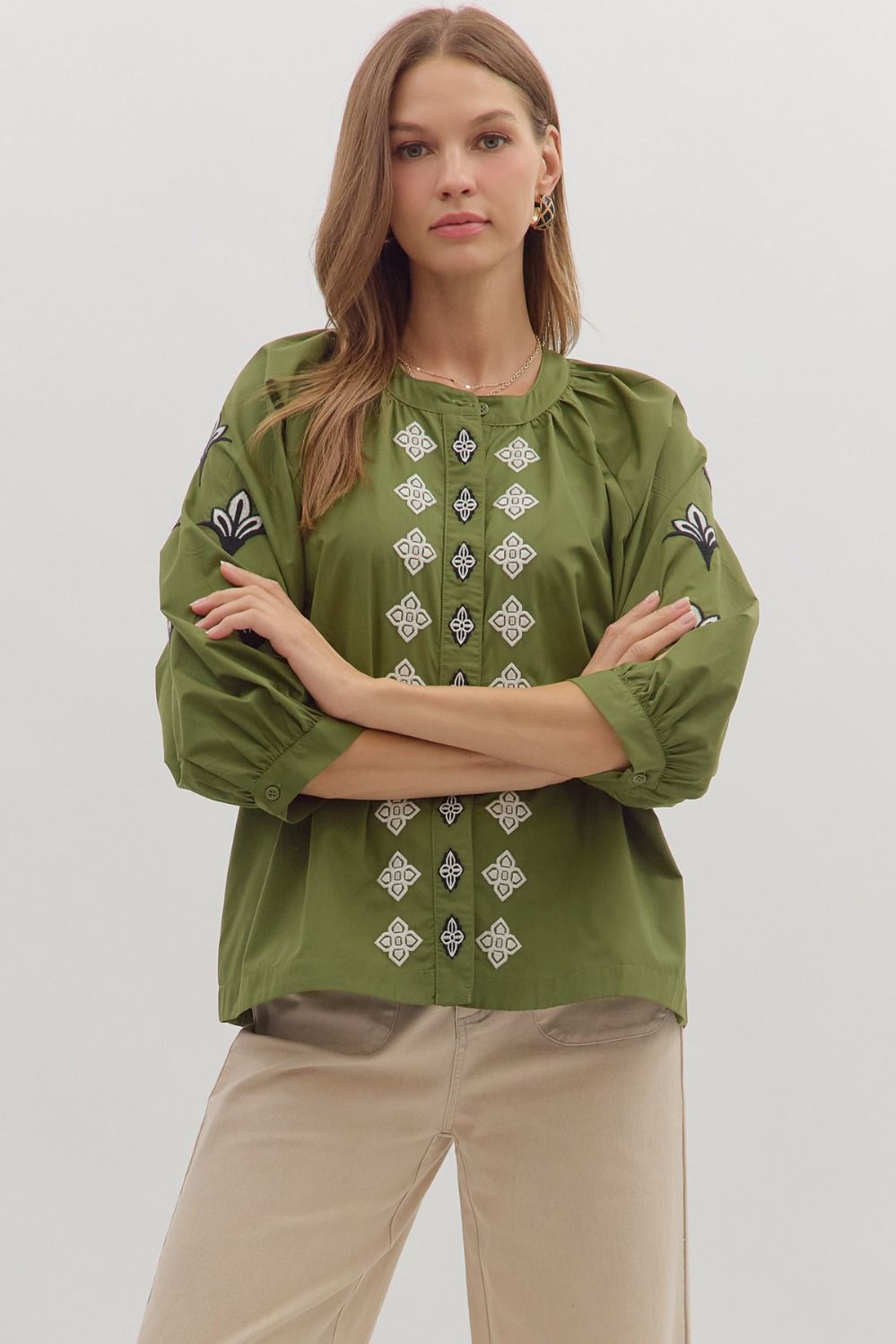 Grace Olive Button Top
