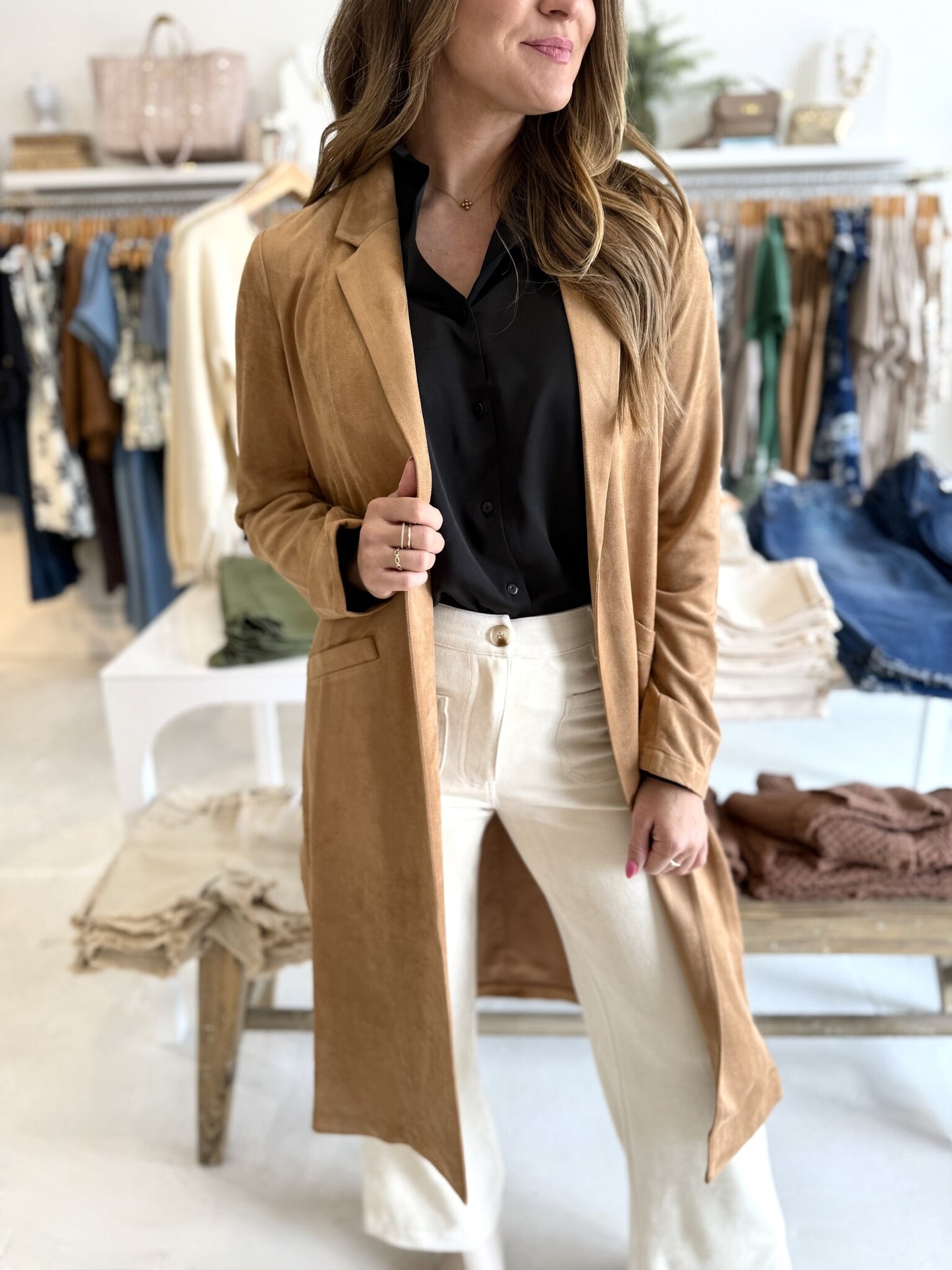 Adele Vegan Suede Duster Coat- Camel