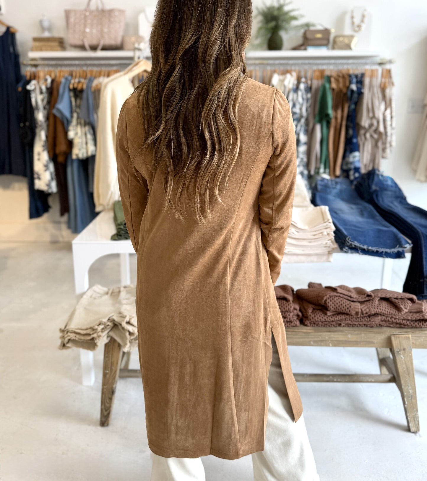 Adele Vegan Suede Duster Coat- Camel