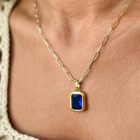 Gold Paperclip Necklace with Blue Stone - Private Gallery Boutique