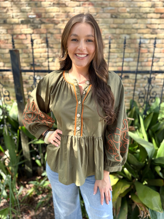 Soutache Embroidered Peplum Top - Olive