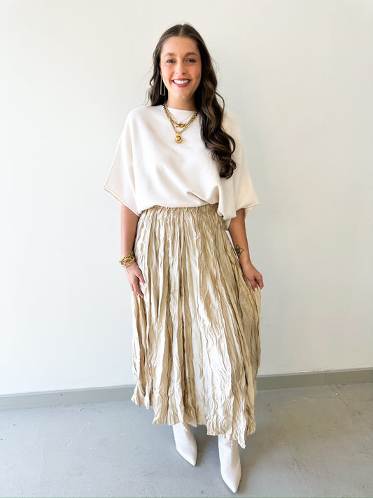 Crinkle Beige Midi Skirt