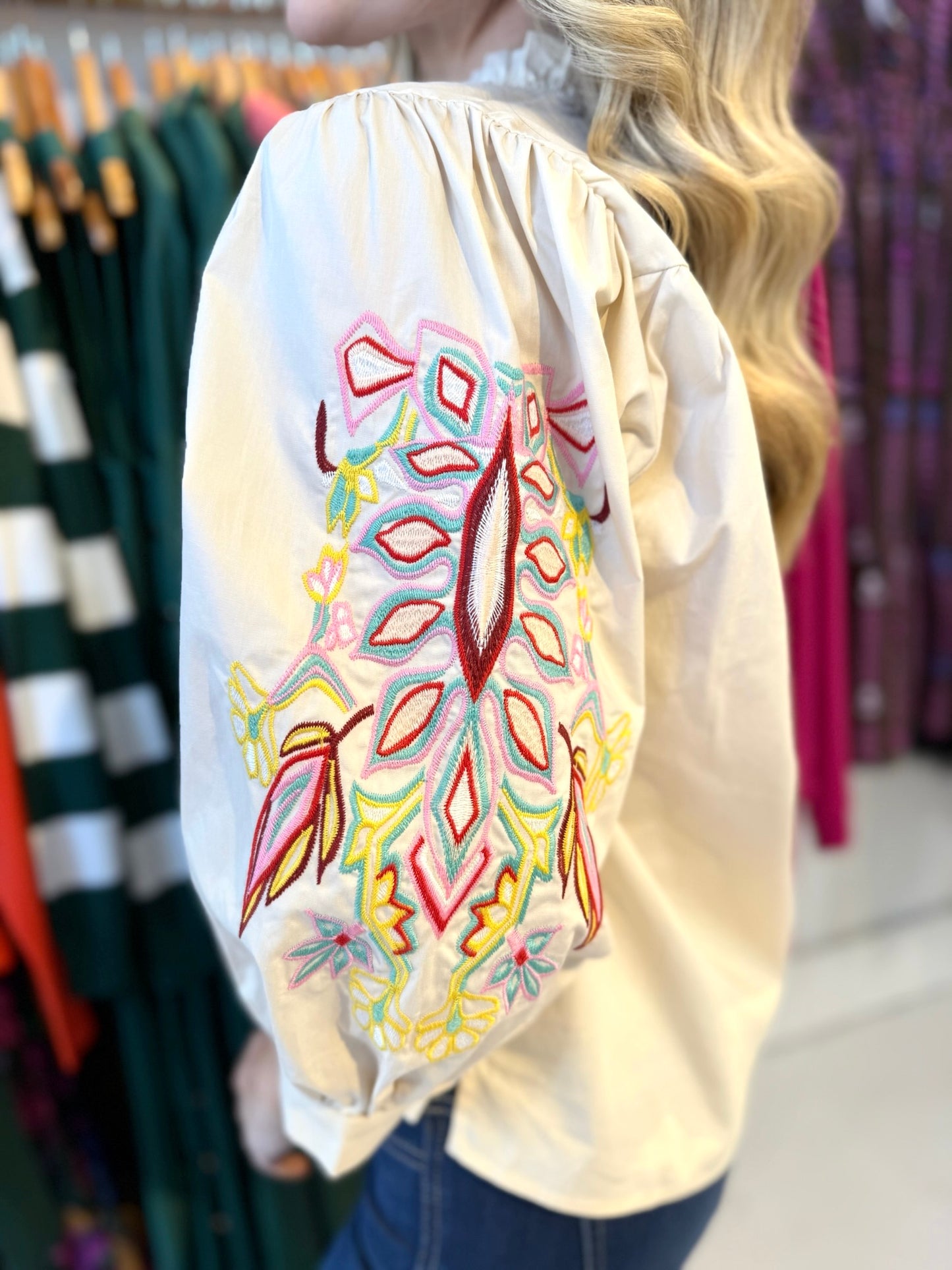 Embroidered Accent Solid Top - Cream
