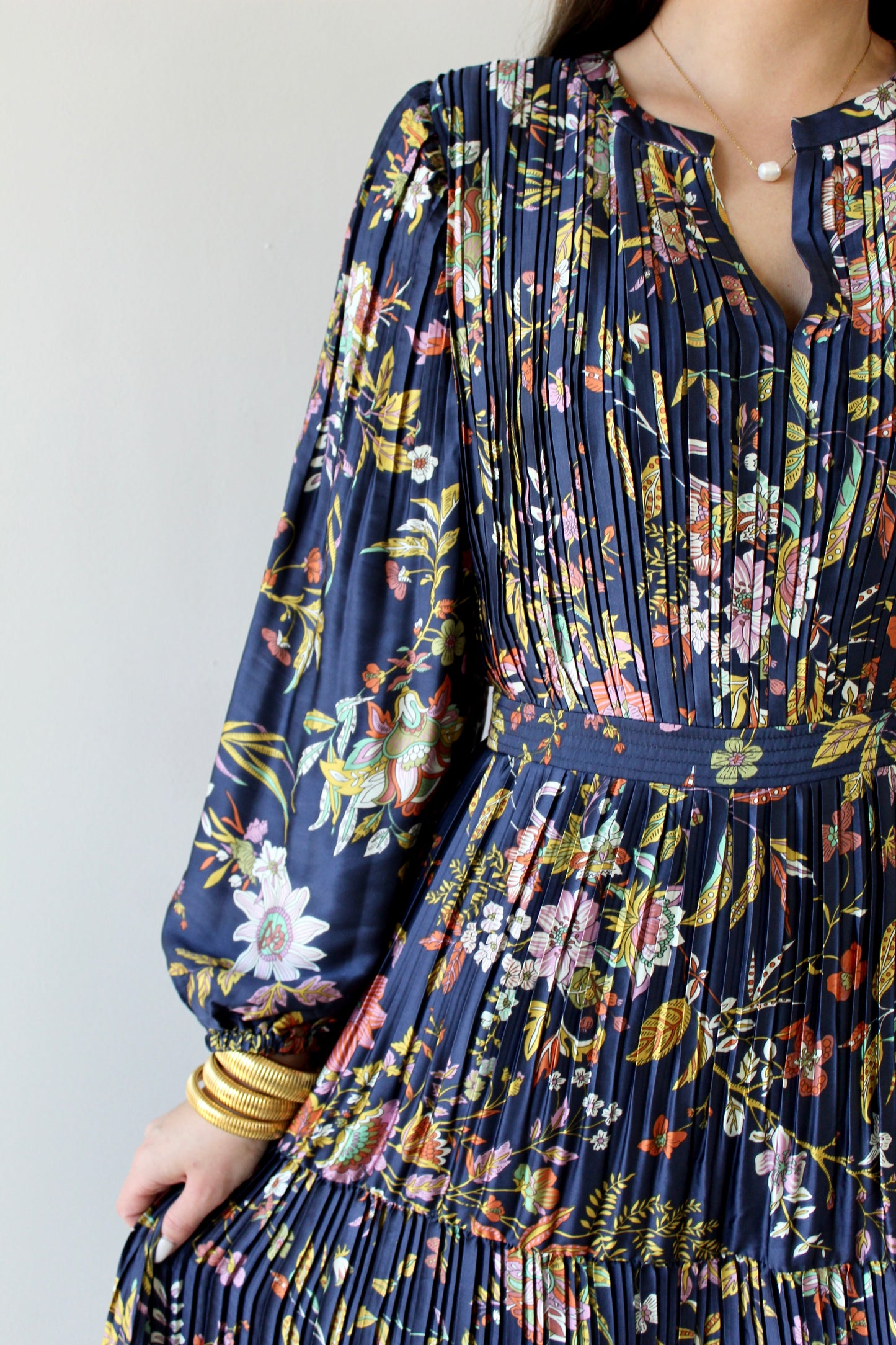 Floral Printed Pleated Long Dress