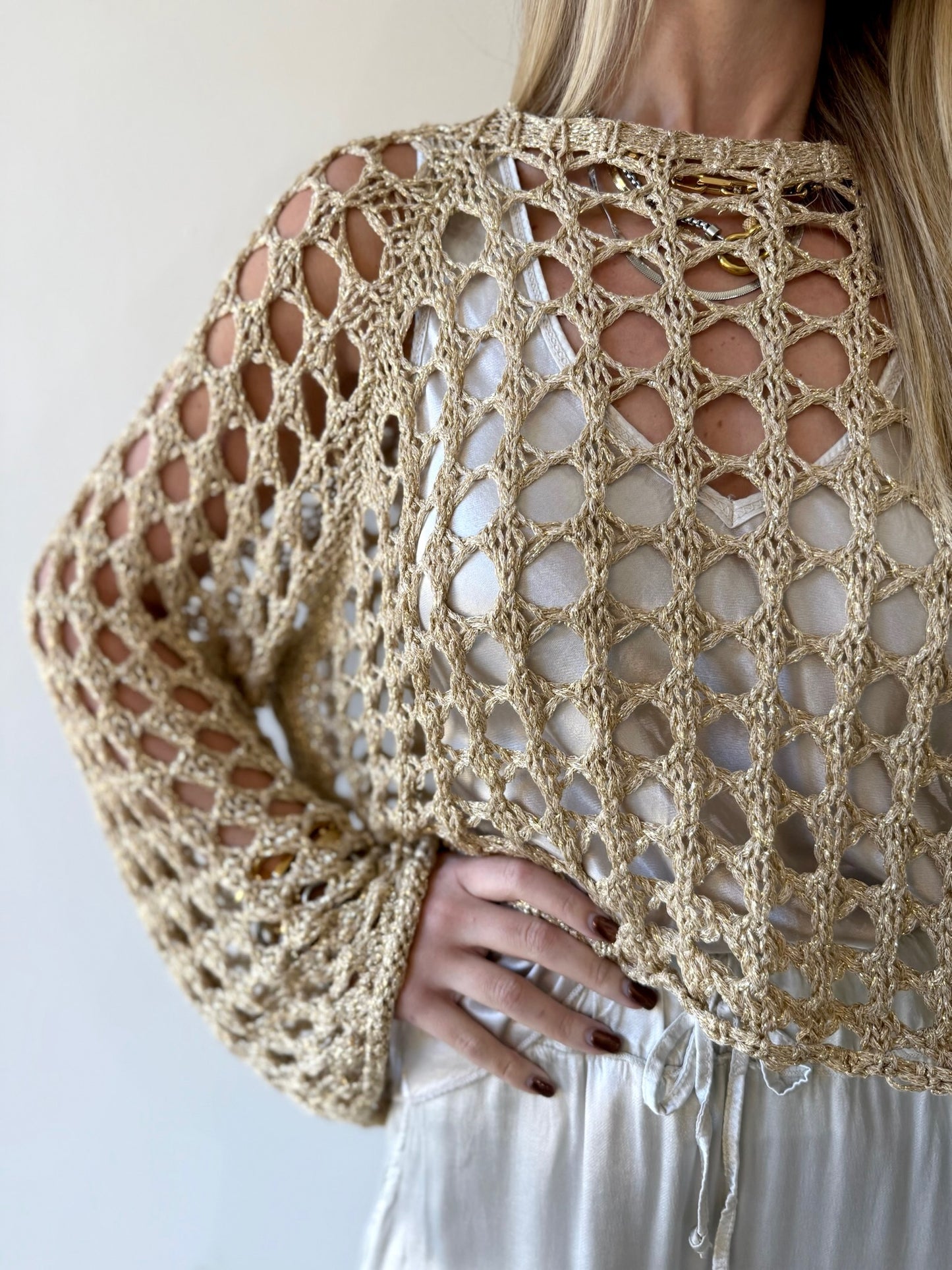 Crochet  Open Bell Sleeve Top  - Gold