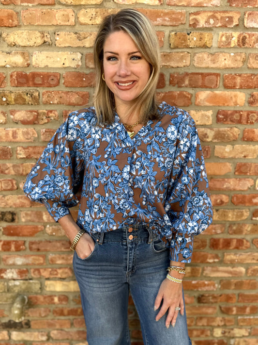 Pleated Floral Print V Neck Top
