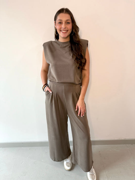 Ruched Top & Pleated Wide Leg Set - Mocha