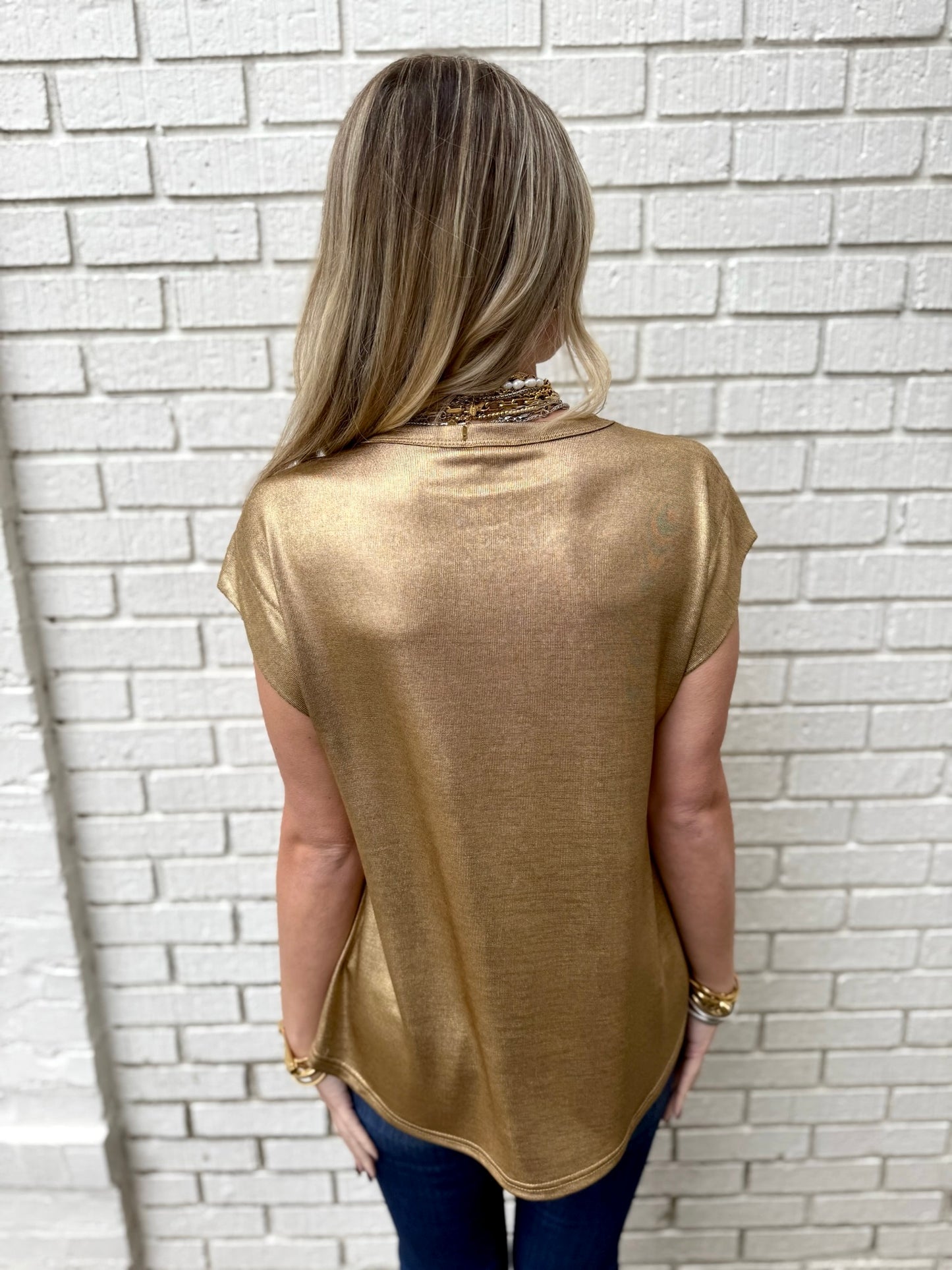 Drop Shoulder Metallic Knit Top Gold