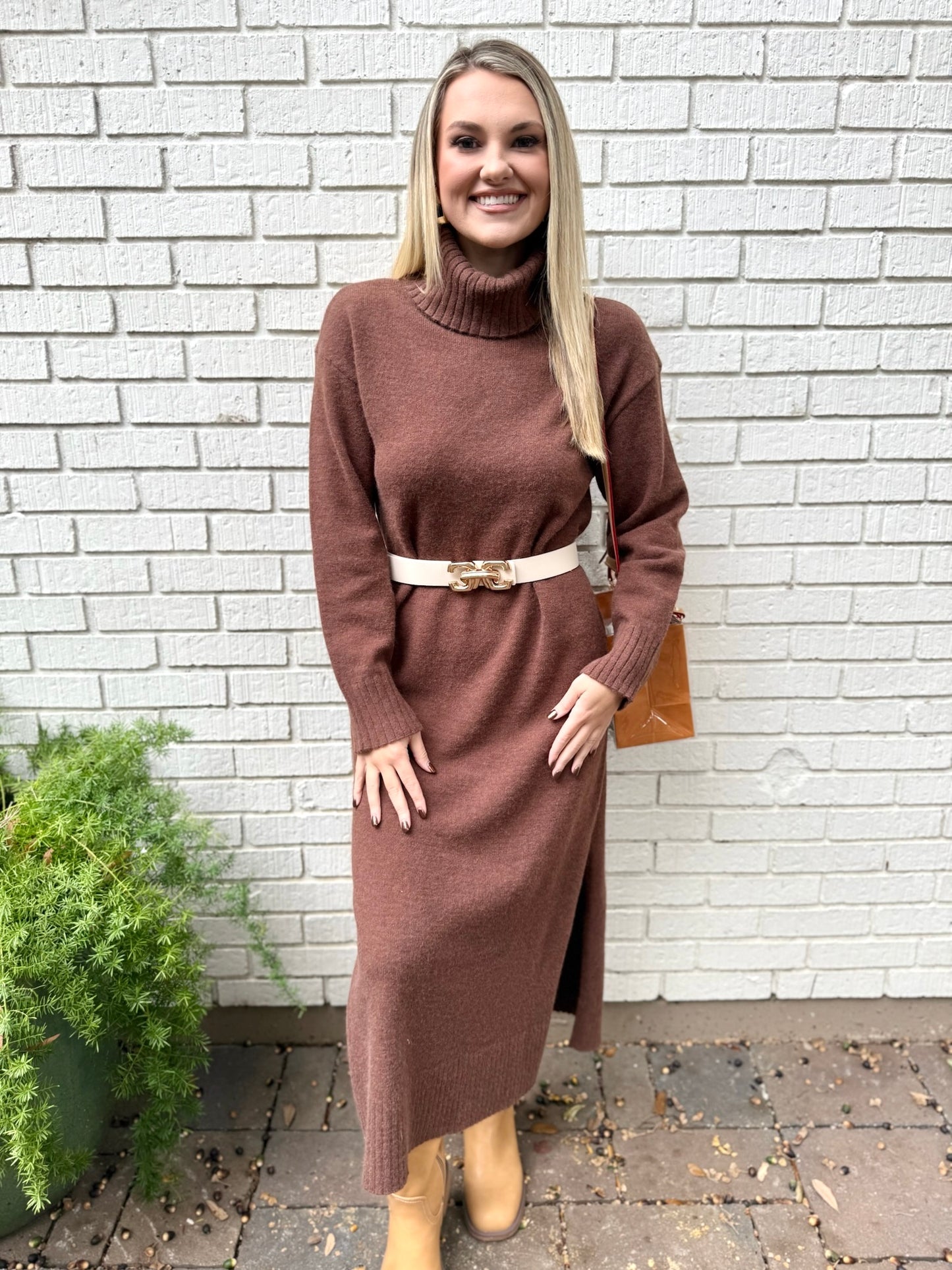 Brown Turtleneck Sweater Dress