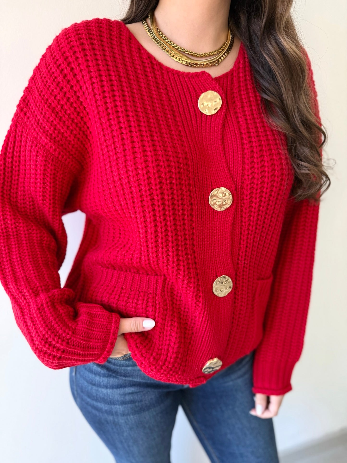 Chunky Button Cardigan - Red