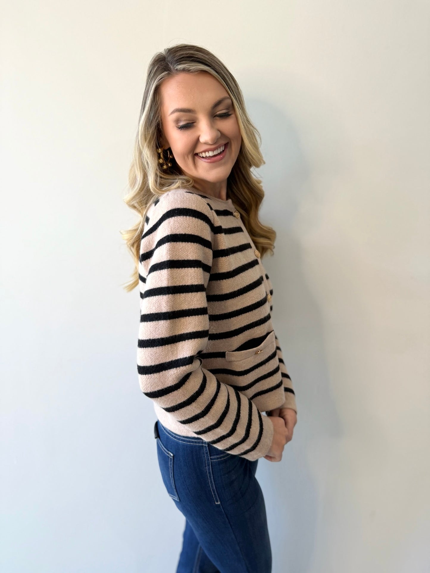 Quinn Striped Crop Cardigan - Taupe