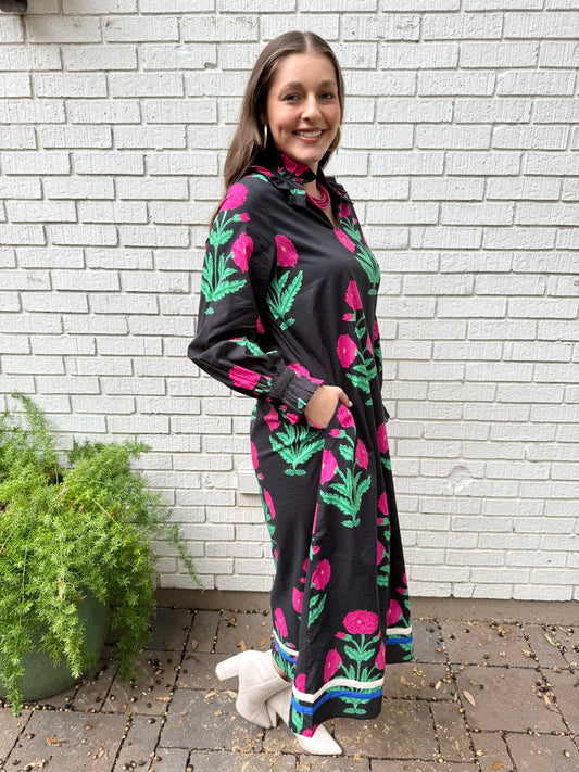 Ruffled High Neck Midi Dress - Black