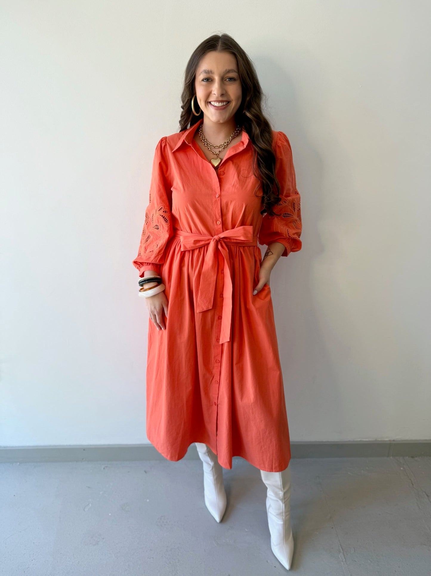 Broderie Midi Shirt Dress - Orange