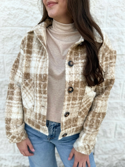 Boucle Plaid Collared Cropped Jacket - Latte