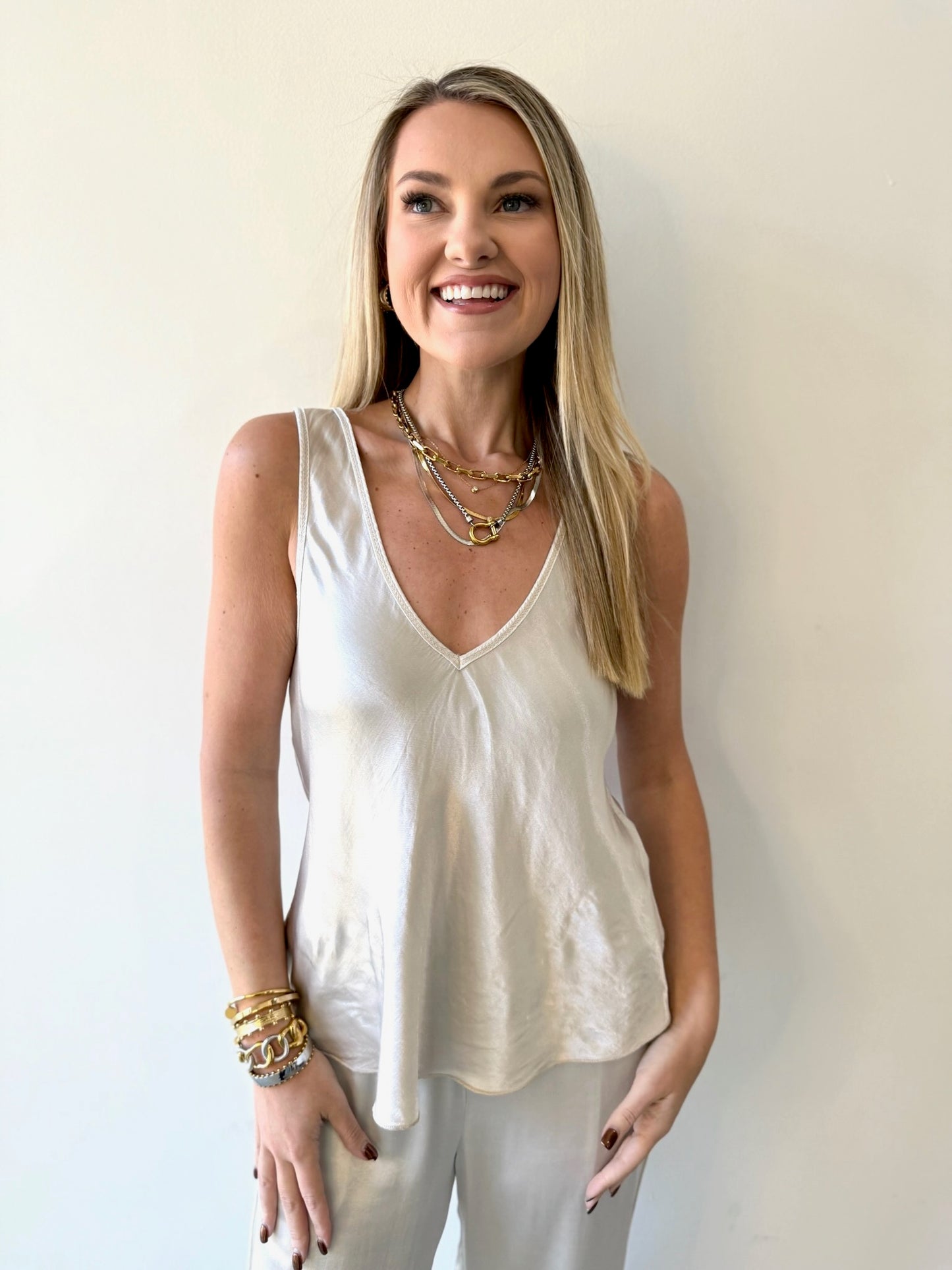 Italian V Neck Wide Strap Tank - Beige