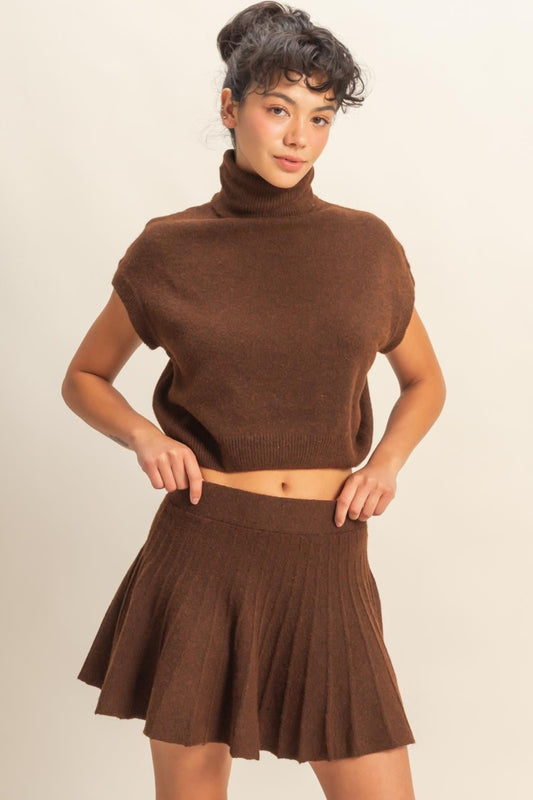 Mock Neck top & Skirt Set - Chestnut