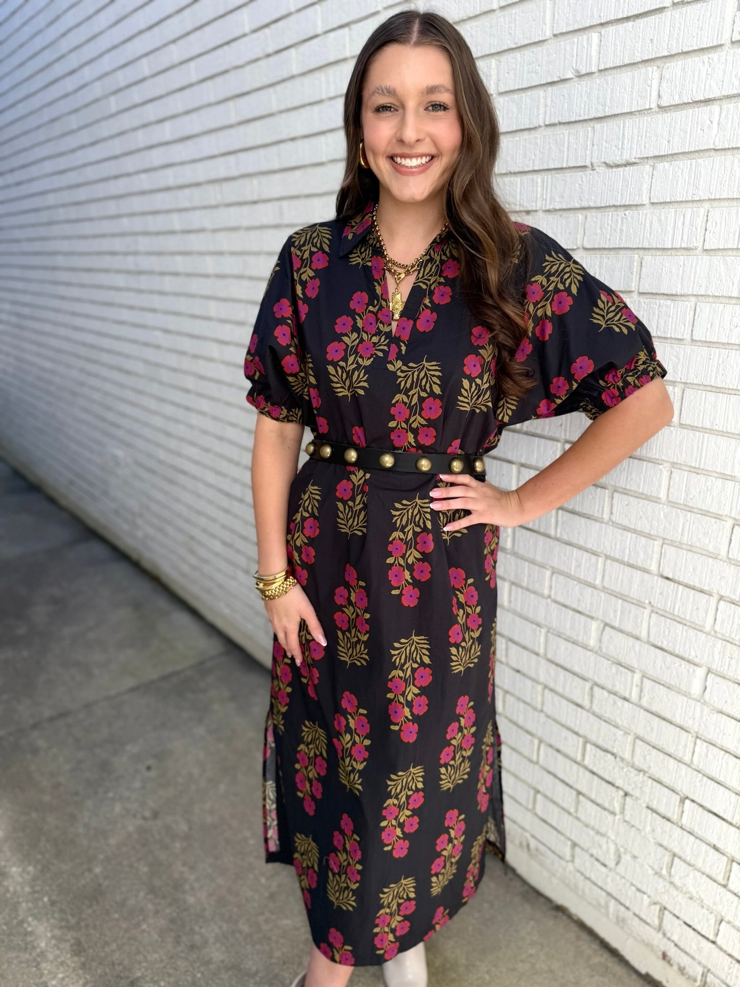 Botanical Puff Sleeve Midi Dress