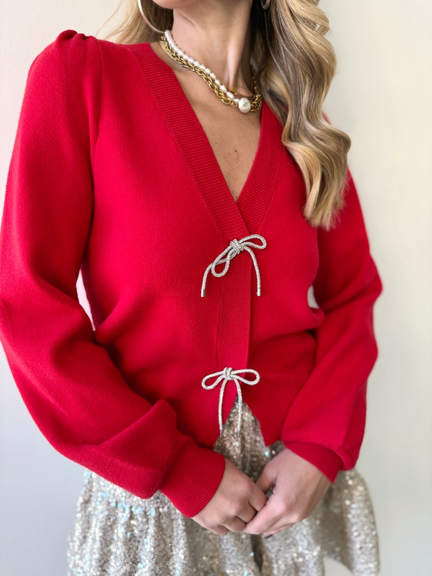 Delicate Ribbon Trim Knit Cardigan - Red