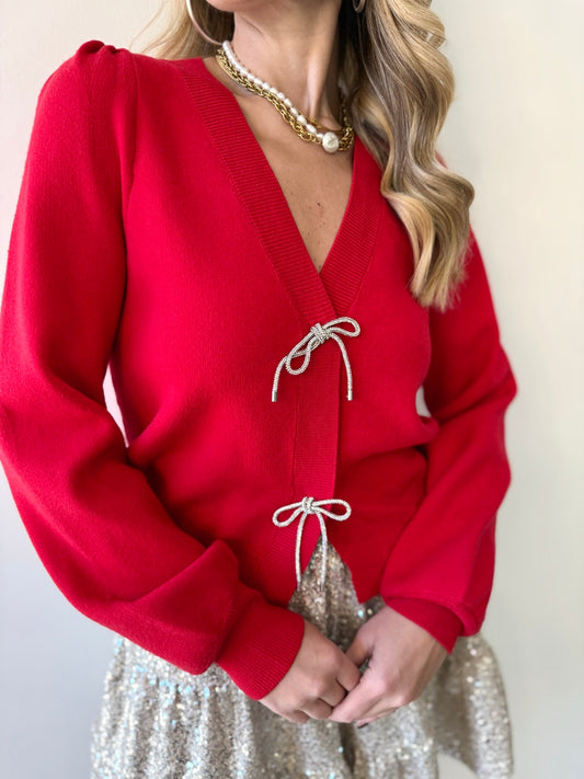Delicate Ribbon Trim Knit Cardigan - Red