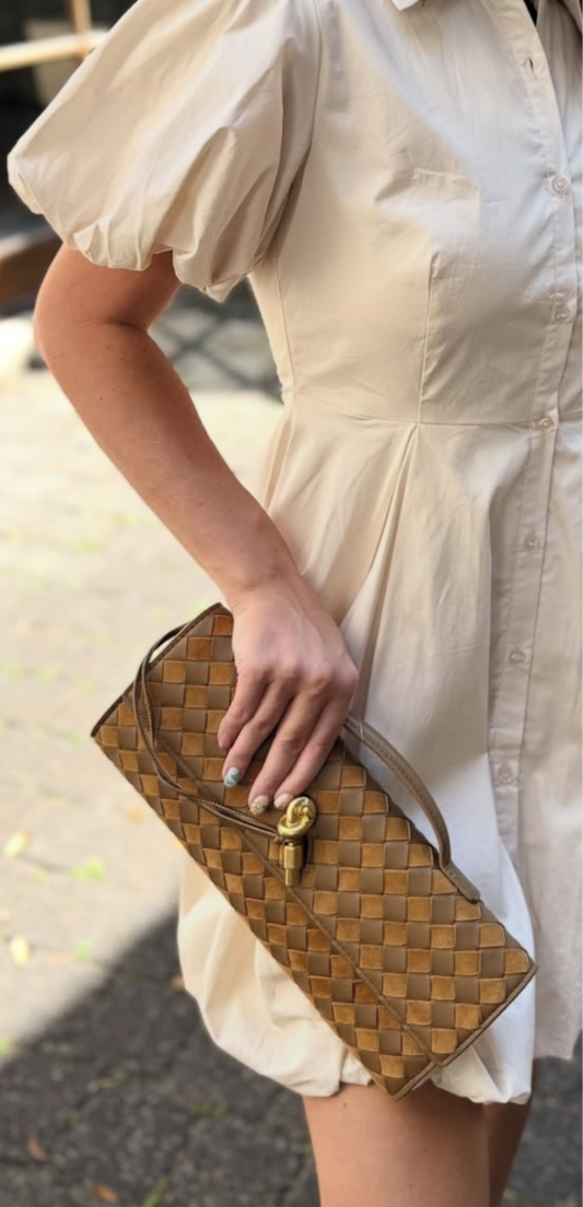Cashmere Leather Weave Clutch
