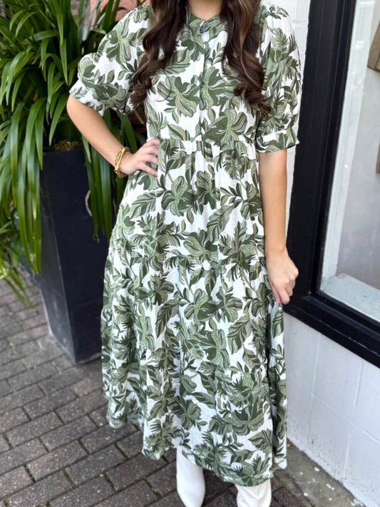 Leaf Print Midi Dress - Olive