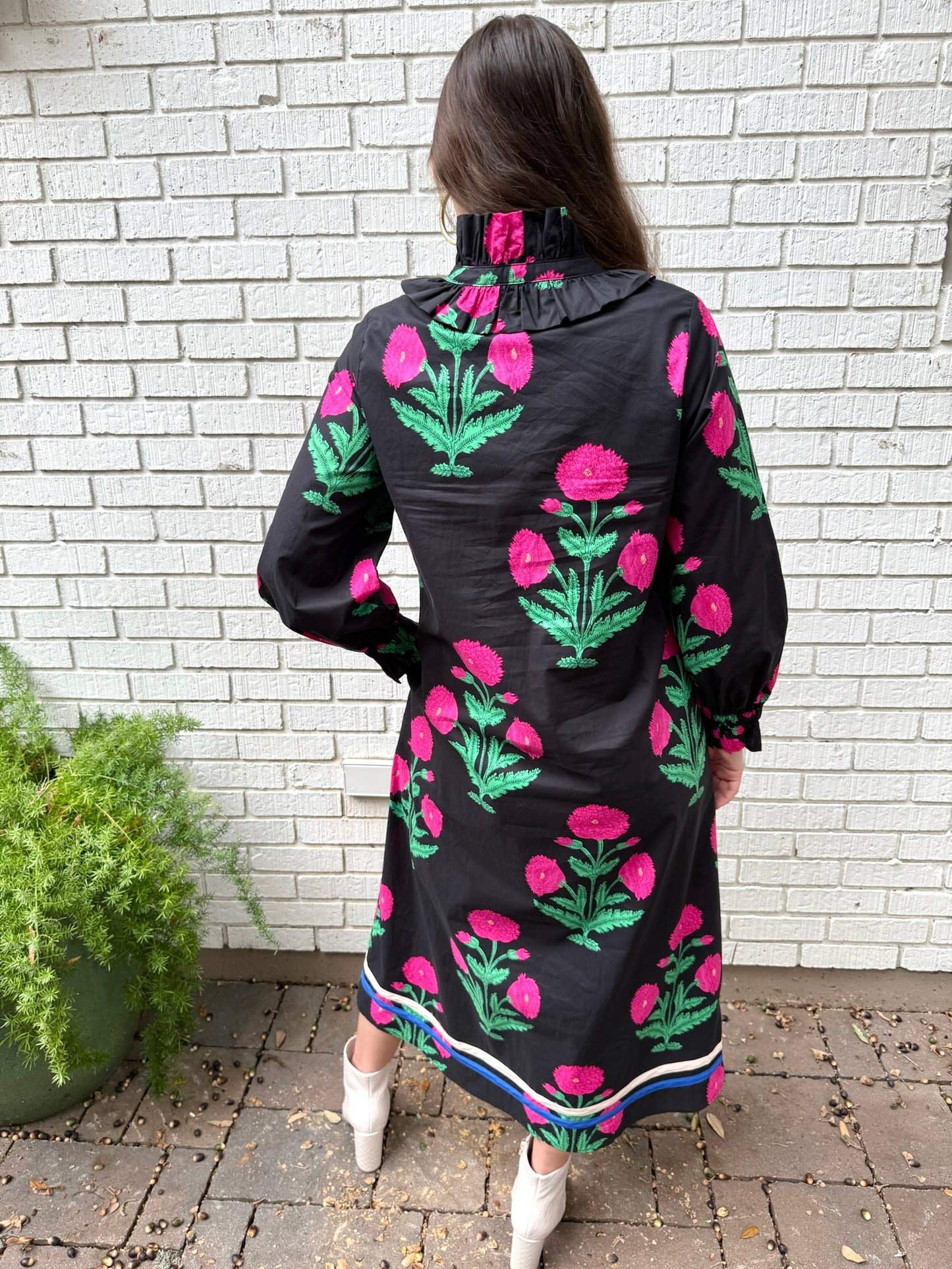 Ruffled High Neck Midi Dress - Black