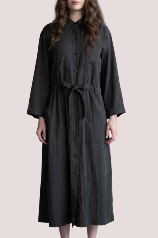 Side Slit Shirt Dress with belt - Charcoal