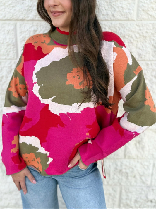 Abstract Floral Print Sweater - Olive Mix
